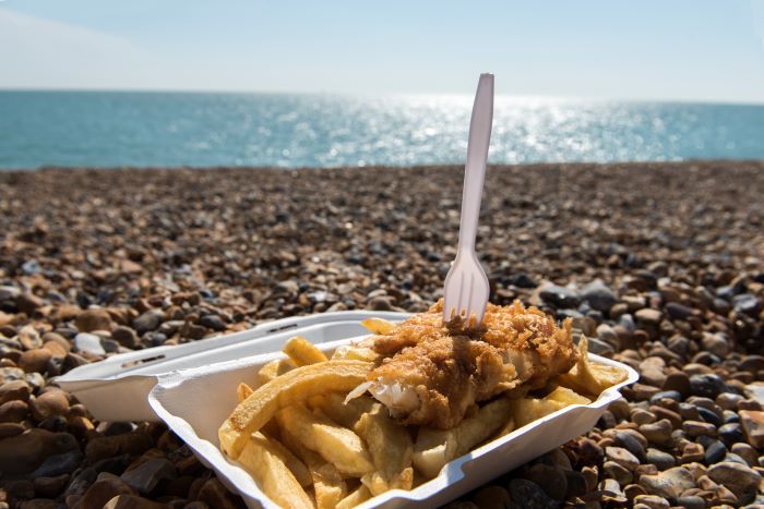 Fish and chips on a pebble beach