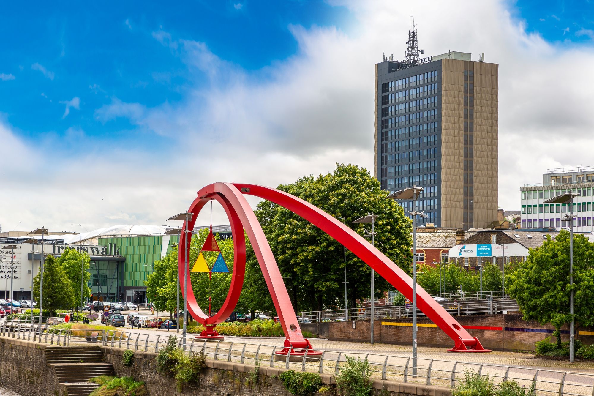 View of The Wave sculpture on the bank of the River Usk in Newport.