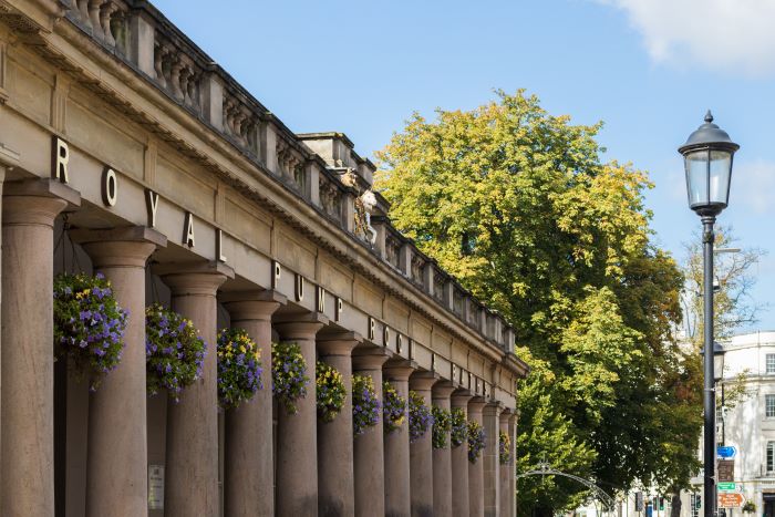 The Royal Pump Rooms in Leamington Spa with hanging flower baskets.