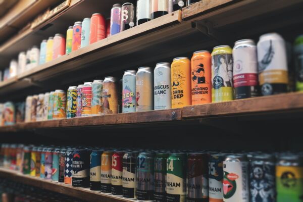 Beer cans on a shelf